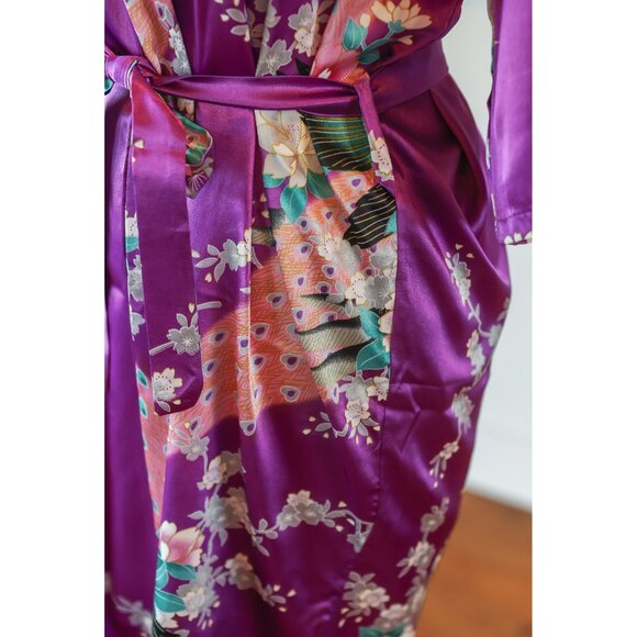Chinese silk robe, Japanese floral print red short dressing robe, size Medium - Picture 4 of 9